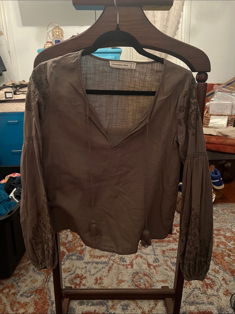 Abercrombie & Fitch Olive Brown Embroidered Peasant Top
